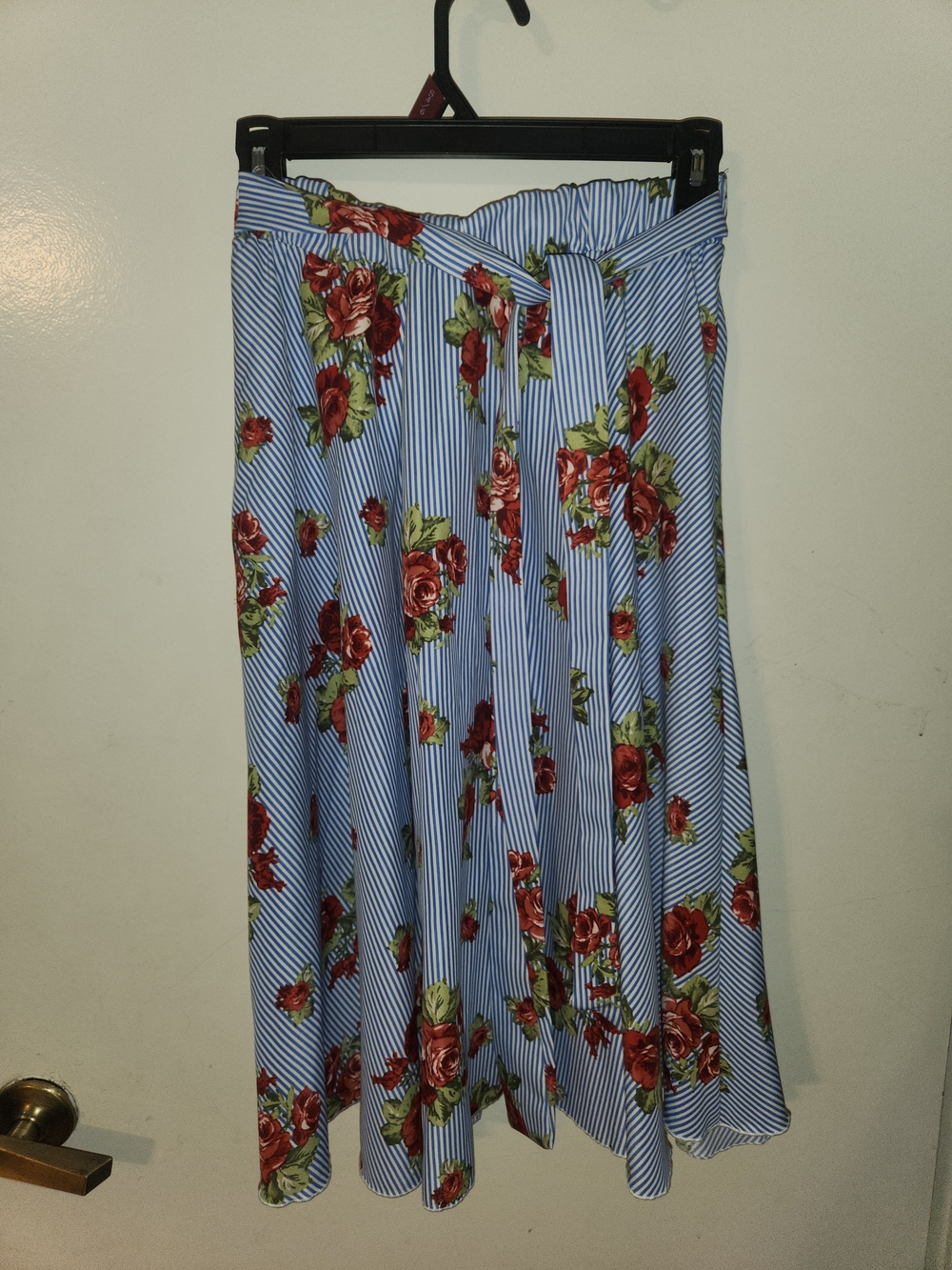 Rainbow Blue Striped Maxi Skirt with Red Rose Print
